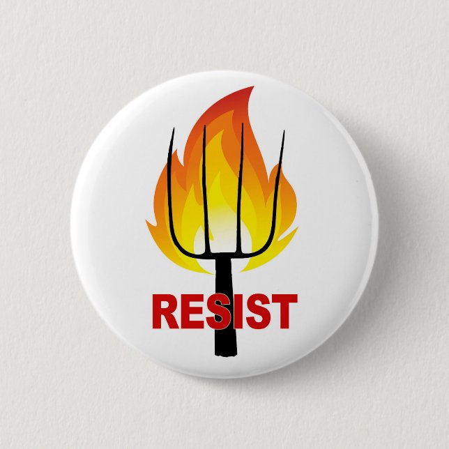 Resist Torch and Pitchfork Pinback Button (Front)