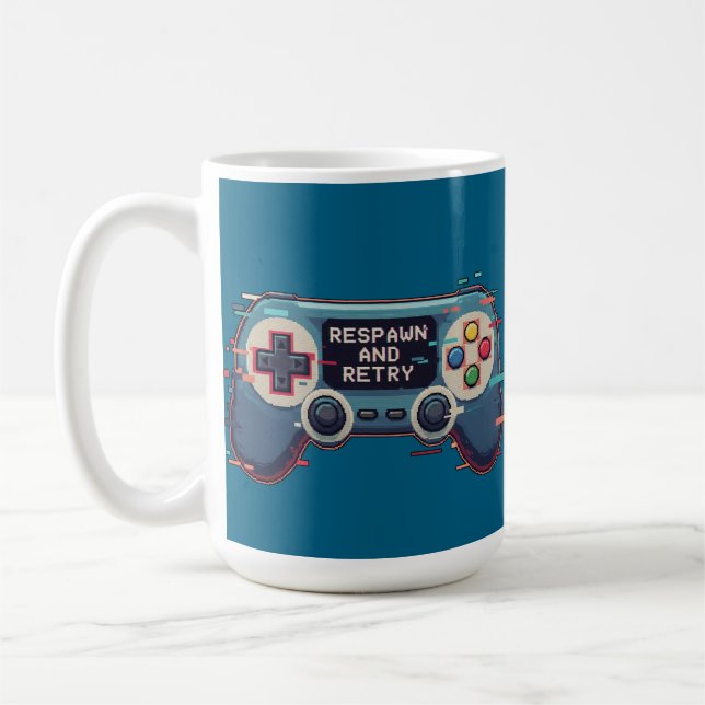 Respawn and Retry - Retro Gaming Glitch Art Coffee Mug (Left)