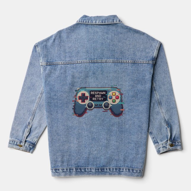Respawn and Retry - Retro Gaming Glitch Art Denim Jacket (Back)