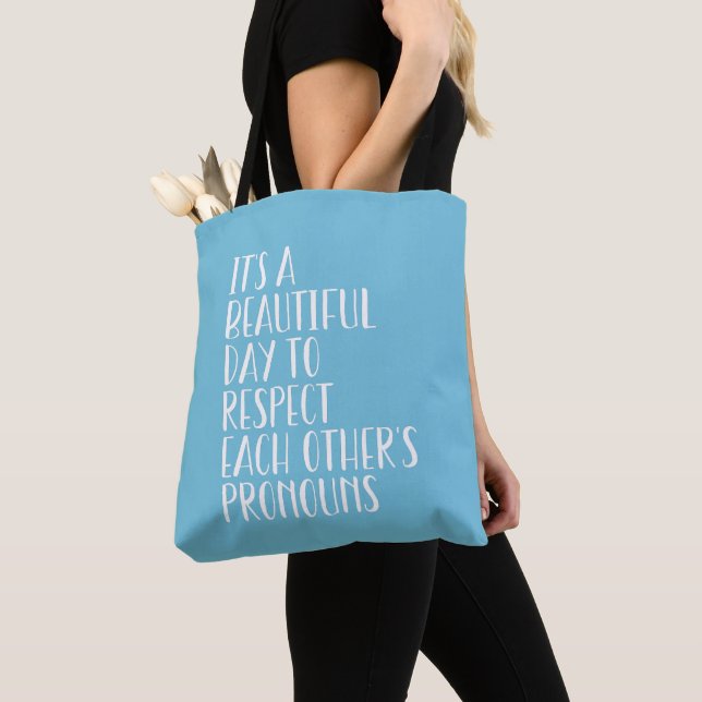 Respect each other's pronouns lgbtqa+ light blue tote bag (Close Up)