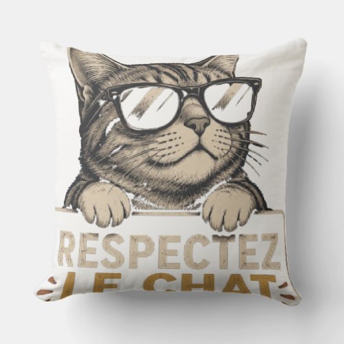 Respect the Cat – Illustrated Cat with Glasses Outdoor Pillow
