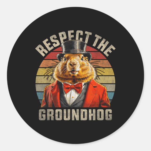 Respect The Groundhog Ground Hog Retro Sunset Grou Classic Round Sticker (Front)