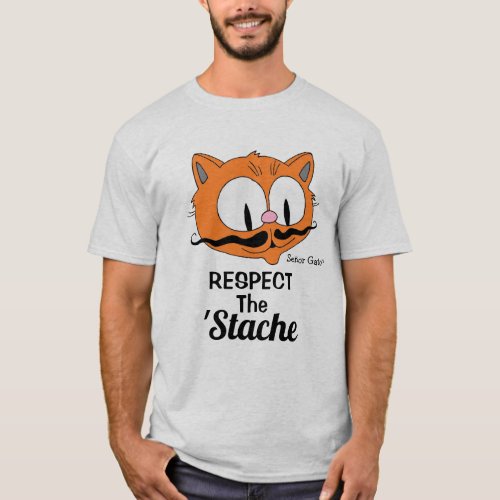 Respect The Stache Cartoon Mustache Cat T_Shirt