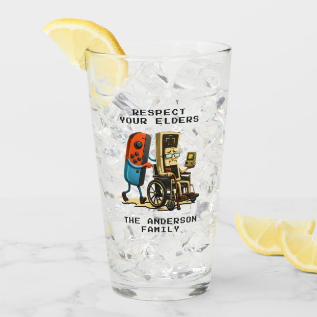 Respect Your Elders Gaming Control Retro Funny Glass (Front Ice)