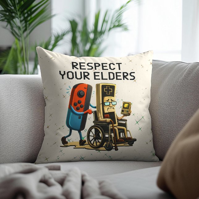 Respect Your Elders Gaming Control Retro Funny Throw Pillow (Creator Uploaded)