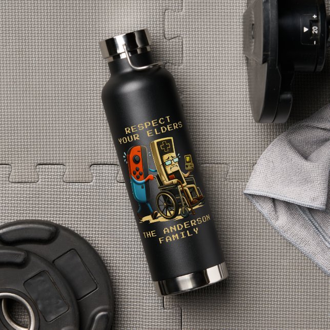 Respect Your Elders Gaming Control Retro Funny Water Bottle (Gym (Rotated))