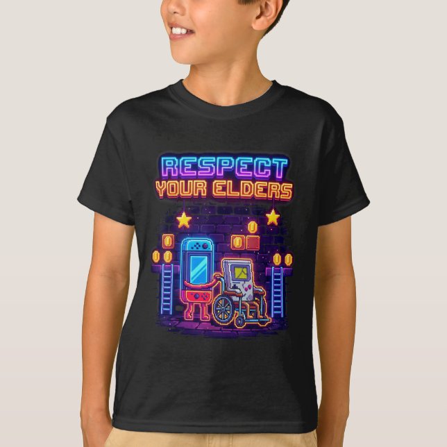 Respect Your Elders Retro Gaming Funny Gamer Contr T-Shirt (Front)