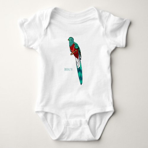 Resplendent quetzal bird cartoon illustration  baby bodysuit
