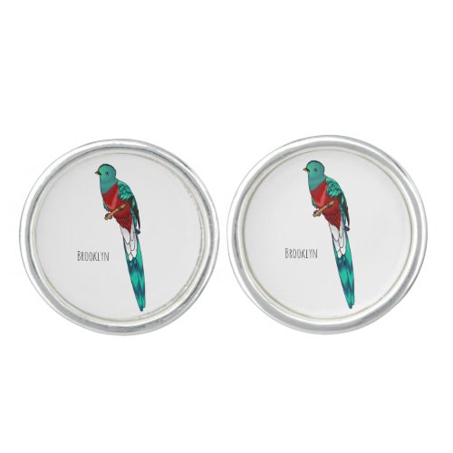 Resplendent quetzal bird cartoon illustration  cufflinks