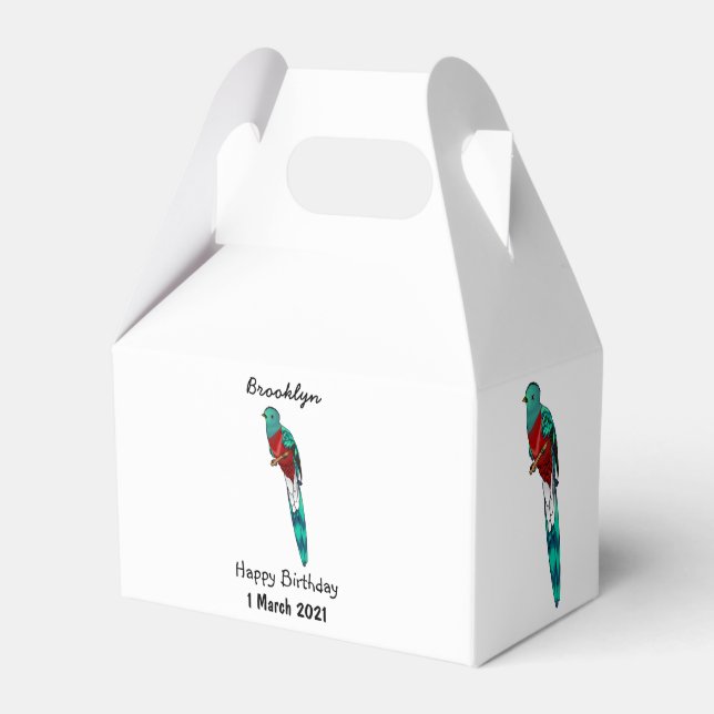 Resplendent quetzal bird cartoon illustration favor boxes (Front Side)