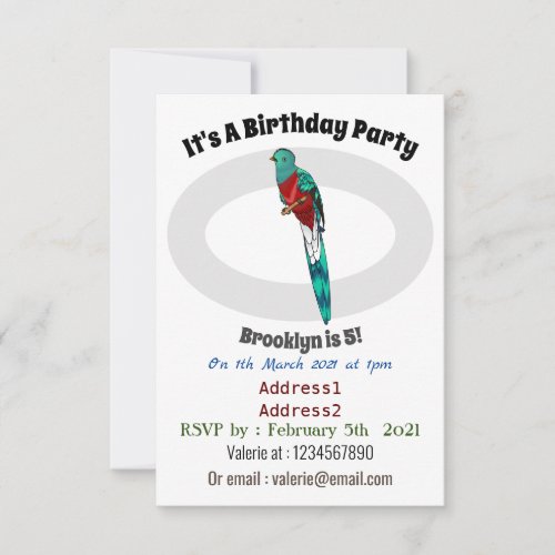 Resplendent quetzal bird cartoon illustration  invitation