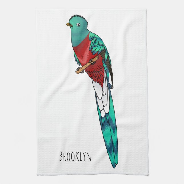 Resplendent quetzal bird cartoon illustration  kitchen towel (Vertical)