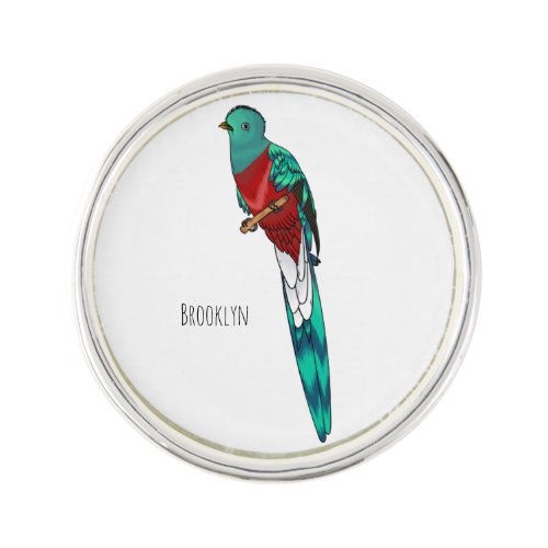 Resplendent quetzal bird cartoon illustration  lapel pin