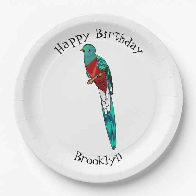 Resplendent quetzal bird cartoon illustration  paper plates (Front)