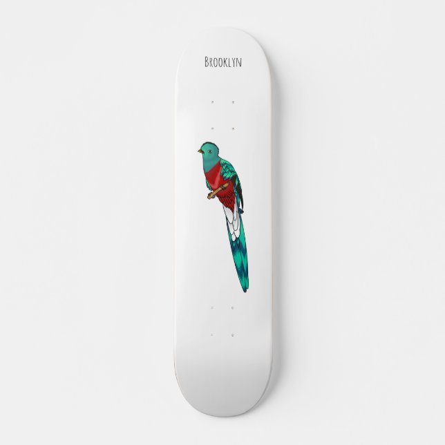 Resplendent quetzal bird cartoon illustration skateboard (Front)