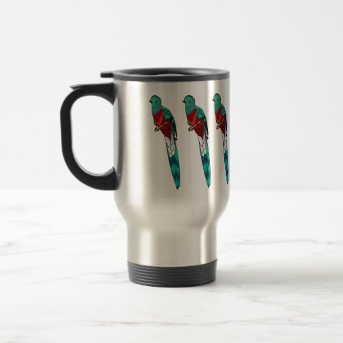 Resplendent quetzal bird cartoon illustration  travel mug