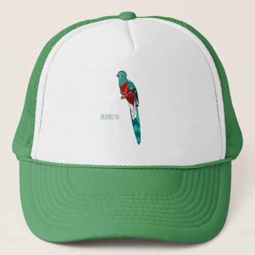 Resplendent quetzal bird cartoon illustration trucker hat