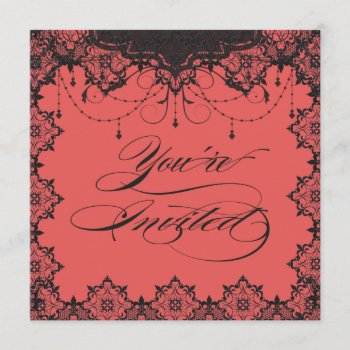 Resplendent Romance Lace Coral Invitation by TheInspiredEdge at Zazzle