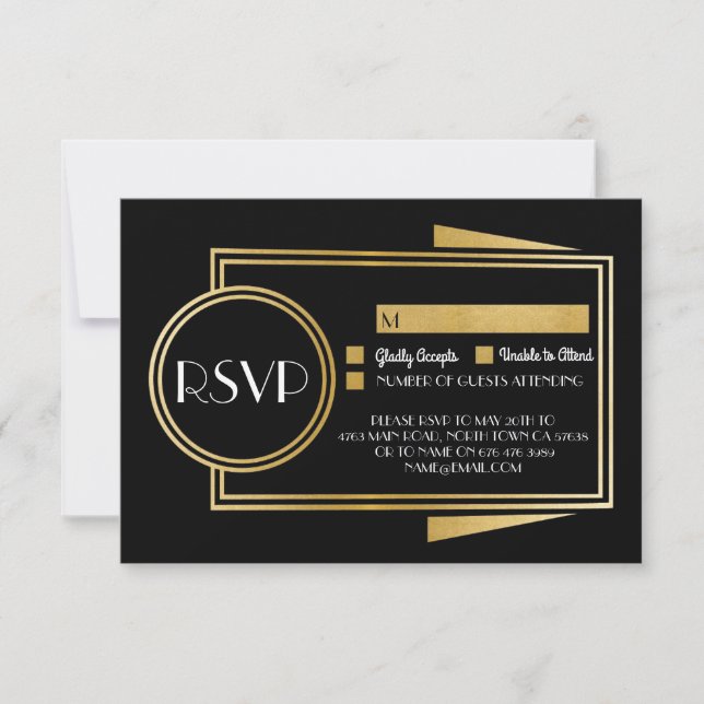 Response Cards Art Deco RSVP 1920's Gold Black (Front)
