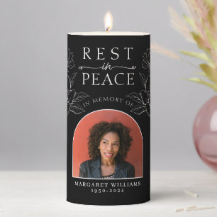 Rest in Peace Black Floral Photo Funeral Pillar Candle