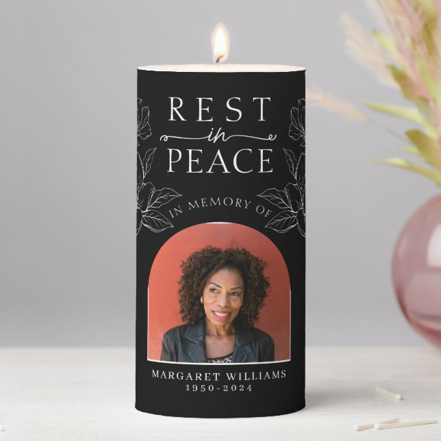 Rest in Peace Black Floral Photo Funeral Pillar Candle (In Situ)