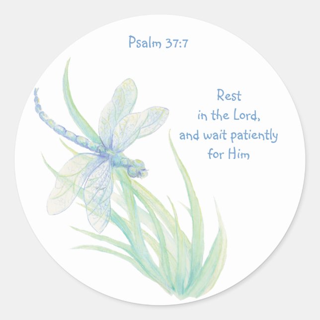 Rest in the Lord  Scripture Dragonfly Blue, Green Classic Round Sticker (Front)