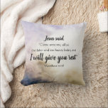 Rest Scripture Throw Pillow<br><div class="desc">This elegant throw pillow has a color pallet of light blue and purple, cream and deep blue to fit your home décor. It features Jesus' own words reminding us to rest. Each line is easily customizable. It makes a perfect gift to someone you know who needs to be reminded to...</div>