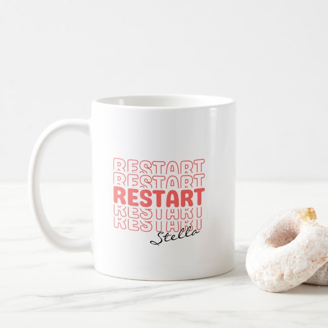 Restart Coral Wavy Retro Custom Name Text Coffee Mug (With Donut)