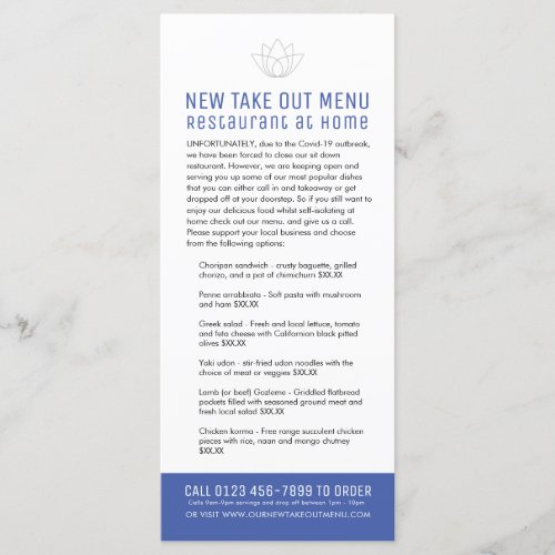 Restaurant at home new temp take out menu blue