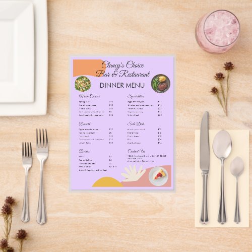 Restaurant & Bar Pastel Purple & Peach Laminated Menu