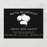 Restaurant Black White Chef Hat Covid Reopening Postcard<br><div class="desc">Restaurant Black White Chef Hat Covid Reopening Postcard. This design features a simple chef hat logo. Perfect for restaurants,  a catering business,  or a bakery!</div>