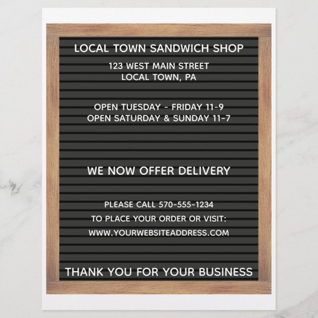 Restaurant Cafe Two Sided Menu Flyer Letterboard (Front)