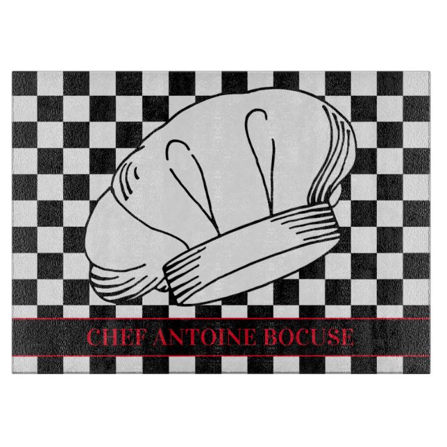 Restaurant Chef Hat on Black and White Checkered Cutting Board (Front)