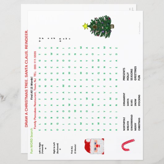 Restaurant Christmas 15 Word Search Paper Placemat (Front/Back)