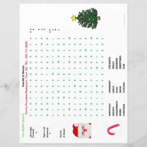 Restaurant Christmas 15 Word Search Placemat
