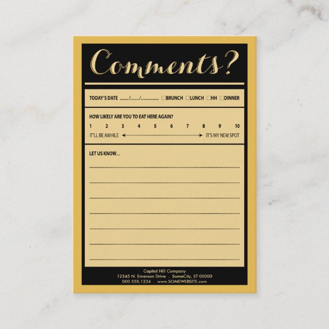 restaurant comment card (Front)