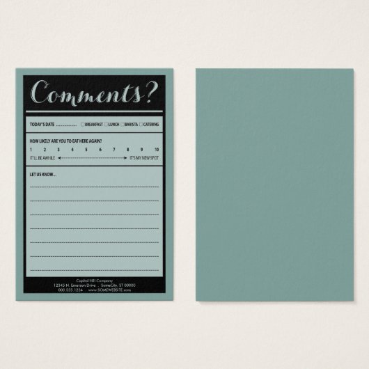 restaurant comment card (Front & Back)