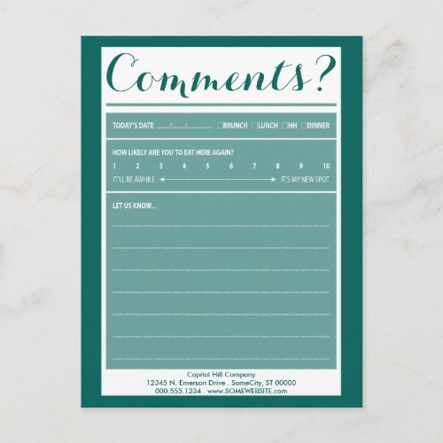 restaurant comment card with logo