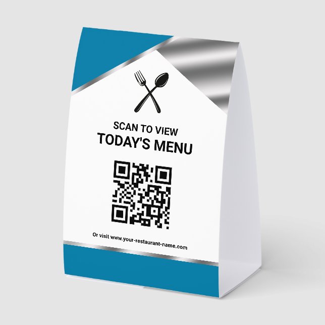 Restaurant Contactless QR Code Blue Menu Paper Table Tent (Front)