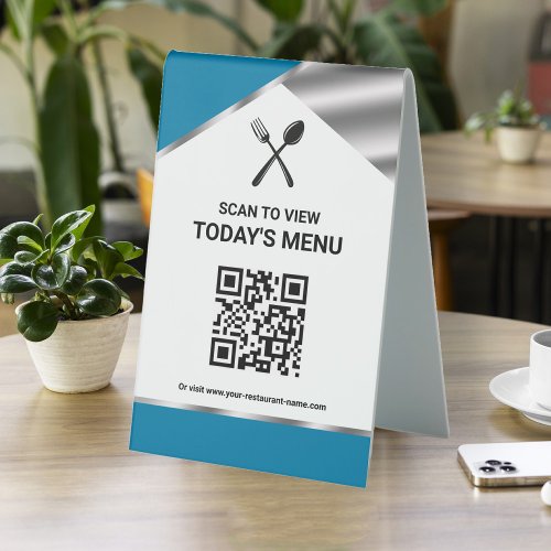 Restaurant Contactless QR Code Blue Menu Table Tent Sign