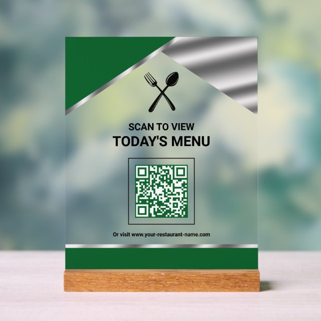 Restaurant Contactless QR Code Green Menu Acrylic Sign (Neutral)