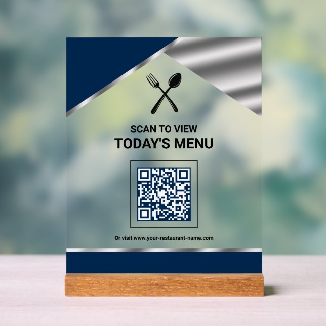 Restaurant Contactless QR Code Navy Blue Menu Acrylic Sign (Neutral)
