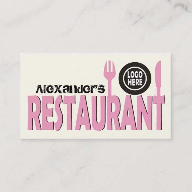 Restaurant cutlery plate pink black white business card (Front)
