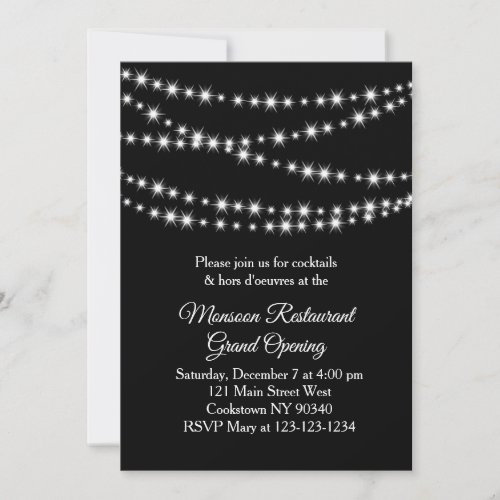 Restaurant Grand Opening Twinkle Lights black Invitation