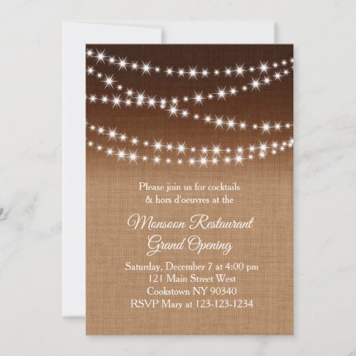 Restaurant Grand Opening Twinkle Lights burlap Invitation