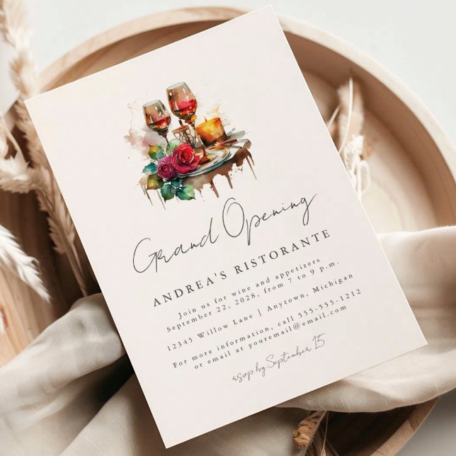 Restaurant Grand Opening Watercolor Wine Glasses Invitation (Creator Uploaded)