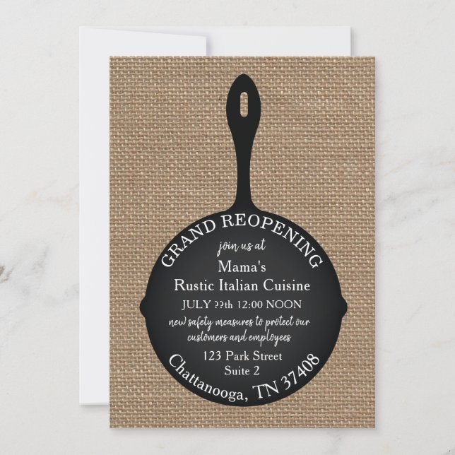 Restaurant Grand Reopening Burlap Skillet Invitation (Front)