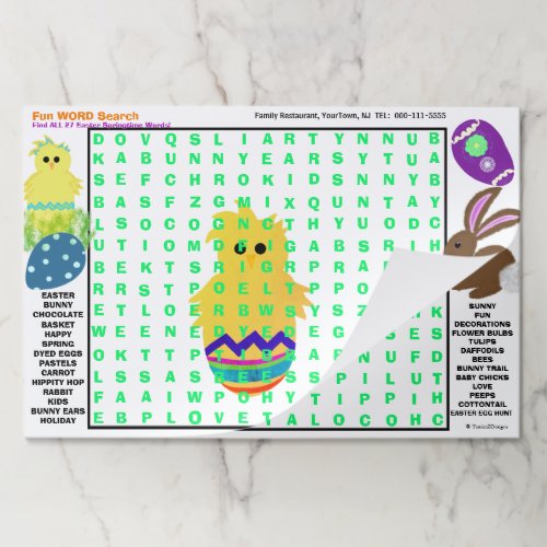 Restaurant Kids Easter Spring Word Search Activity Paper Pad