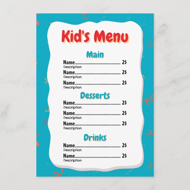Restaurant Kid's Menu Card (Back)