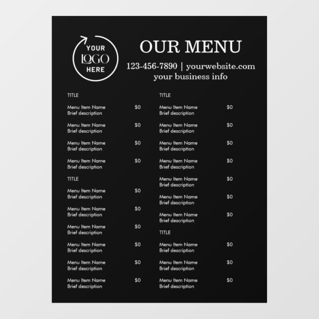 Restaurant Menu | Black Logo Cafe Menu Window Cling (Sheet)